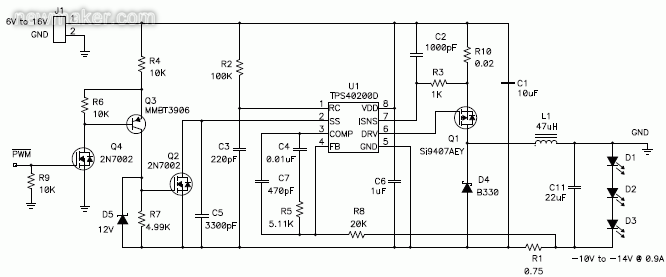 利用負(fù)輸出電壓，以升降壓拓樸調(diào)節(jié)恒定LED電流