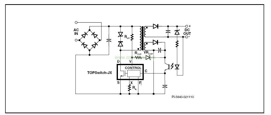圖 1. 具有初級檢測的輸出過壓保護、輸入欠壓鎖存、輸入過壓關(guān)斷及可設(shè)定流限值功能的典型TOPSwitch-JX反激式電源
