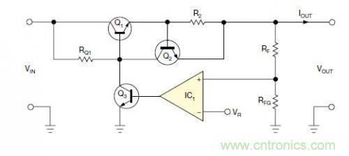 圖1：一個(gè)標(biāo)準(zhǔn)的線性穩(wěn)壓器直接將反饋連接到串聯(lián)導(dǎo)通晶體管上。