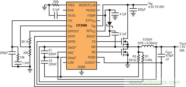 圖2：以非常低的DCR完成采樣的高效率、1.5V/30A降壓型轉(zhuǎn)換器