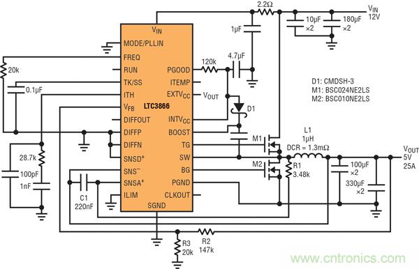 圖9：高效率電源，12V輸入至5V/25A輸出