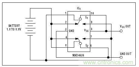 該電路檢測電池極性，并迅速接通負(fù)載或切換電池極性