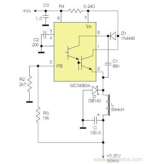 采用降壓配置中廣為使用的MC33063/MC34063的一個示例。