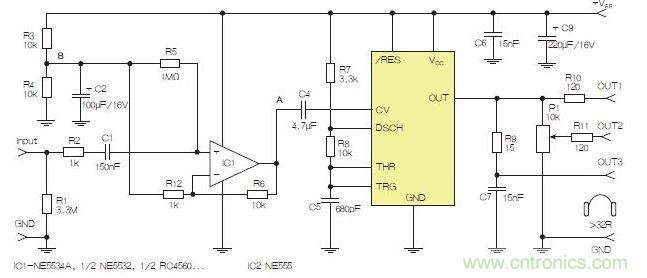 含運算放大器和NE555定時器的耳機和音頻線路驅動器。也可以使用CMOS版本(如LMC555)，但輸出電流較低。其優(yōu)點為工作頻率較高。