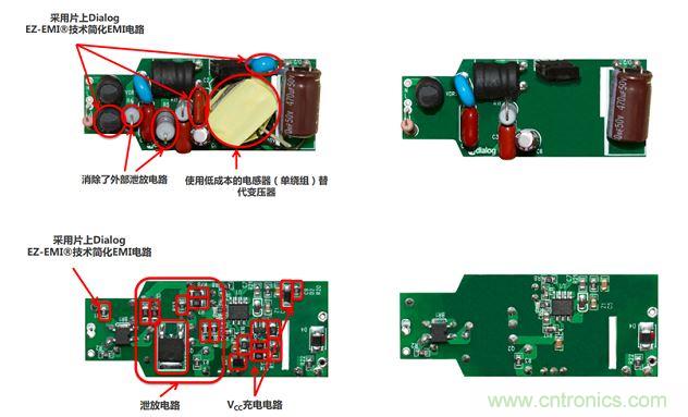 iW3688消除了20 多個外部元器件，降低BOM成本達20%~25%（左右分別為方案對比，上下為PCB正反面）