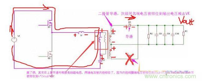 上管開通，注意諧振電感、勵磁電感、諧振電容的正負