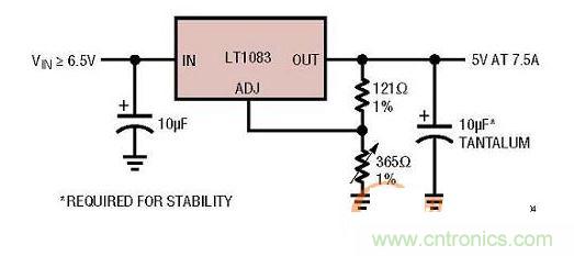 集成型線性穩(wěn)壓器實例：只有3個引腳的7.5A線性穩(wěn)壓器。