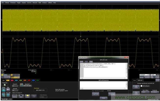 這個嵌入式MATLAB腳本用于解調(diào)調(diào)頻載波，并顯示調(diào)制波形。編輯框允許用戶不離開示波器環(huán)境就能完成腳本的創(chuàng)建或編輯。