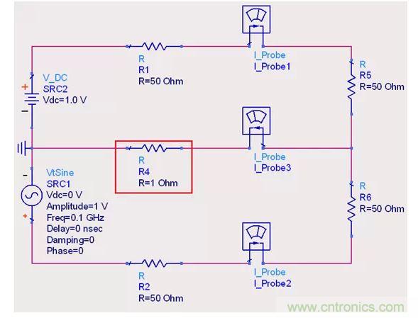【導(dǎo)讀】說實(shí)話，這個問題也對高速先生造成了困擾。一直都會有人問回流的交疊是否會造成信號之間的干擾，比如平面的上下走線重疊，回流路徑一樣時。通常會有這么幾種回答！  1.趨膚效應(yīng)導(dǎo)致電流并沒有相交；  但是在1.2mil的銅厚的情況下，10MHz以上的信號才會出現(xiàn)明顯的趨膚效應(yīng)?？磥磉@個解釋并不合理。  2.信號在介質(zhì)中傳遞，電磁場的耦合才會造成串?dāng)_；  這個說法沒錯，但是還是不能解開心中對電流走在同一條路徑上時，會不會造成相互之間干擾的問題。  讓我們來做以下實(shí)驗，搭建一個拓?fù)淙鐖D1所示： 1 圖1  環(huán)路1由一個DC1.0V供電，表示我們的受干擾線，電流表1測量路徑1上的電流。  環(huán)路2由一個100MHz的AC1.0V供電，表示我們的干擾源，電流表2測量路徑2上的電流。  電流表3測量回流路徑上的電流。  這樣一個結(jié)構(gòu)，得到的結(jié)果是如何呢？如圖2所示： 2 圖2  可以看到，我們的被干擾源就是一個干凈的直線，雖然環(huán)路1和環(huán)路2在回流路徑上電流交疊，但是他們相互之間并不影響。其實(shí)這不就是基爾霍夫定律嗎。  有人會試圖從電磁場的角度來否定基爾霍夫定律在這里的正確性，&ldquo;回流路徑也會產(chǎn)生電磁場，這些電磁場會與其他的回流路徑相互影響&rdquo;。但事實(shí)上是，回流路徑與回流路徑之間是沒有耦合途徑的，他們在同一個平面上，沒有容性耦合，也沒有感性耦合。  那么是否回流就不會影響我們的信號質(zhì)量了呢？當(dāng)然是會影響的。  其實(shí)在圖1的實(shí)驗中，筆者討了個巧，將地平面各個短路點(diǎn)之間的阻抗當(dāng)成了0，但實(shí)際上，地平面的各個不同的點(diǎn)之間是有轉(zhuǎn)移阻抗的。讓我們模擬實(shí)際情況再看看圖3： 3 圖3  這時候我們假設(shè)我們的地平面是有1&Omega;電阻的。（當(dāng)然這是為了實(shí)驗效果，實(shí)際上地平面阻抗并不會有這么大），結(jié)果如圖4： 4 圖4  是的，干擾出現(xiàn)了。這個干擾并不是來自于回流路徑之間的電流耦合，而是來自于我們地平面本身由于有轉(zhuǎn)移阻抗的存在，導(dǎo)致回流流經(jīng)地平面時，造成地平面并不是一個完美的0電平。  回流就是這樣干擾我們的信號的，也就是我們所說的地彈。