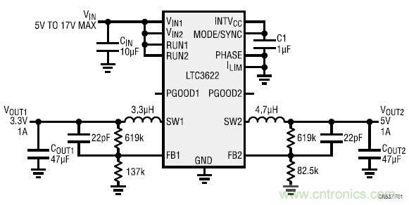17V輸入、雙路1A輸出的同步降壓型穩(wěn)壓器