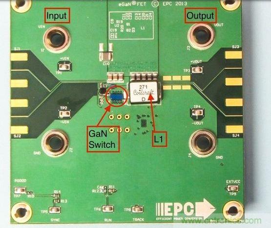 演示板用于顯示GaN的EMI。該GaN組件被圈定，我會在L1左側(cè)測量切換的波形。