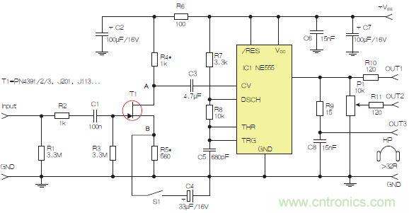 圖2：含JFET輸入和NE555的耳機/線路驅(qū)動器。