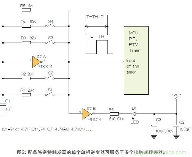 如何用單個(gè)施密特觸發(fā)器測(cè)量?jī)蓚€(gè)電阻式傳感器或多個(gè)開(kāi)關(guān)？