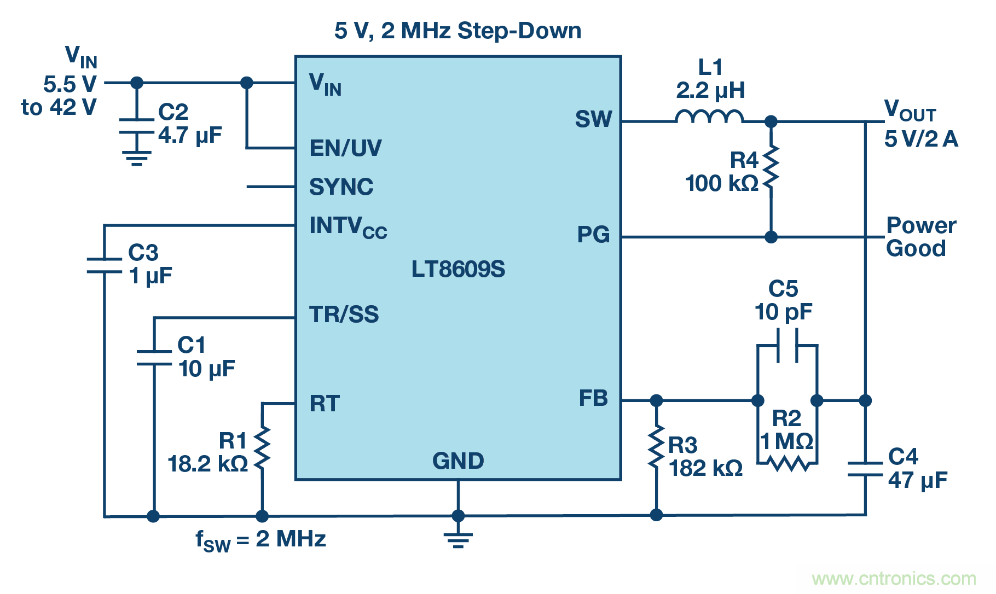 具 2.5 &mu;A 靜態(tài)電流和超低 EMI 輻射的 42 V、2 A/3 A 峰值同步降壓型穩(wěn)壓器