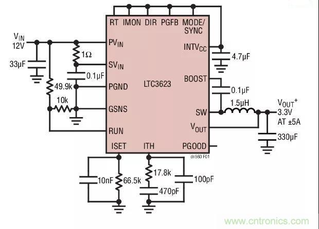 高效率、15V 軌至軌輸出同步降壓型穩(wěn)壓器能提供或吸收 5A