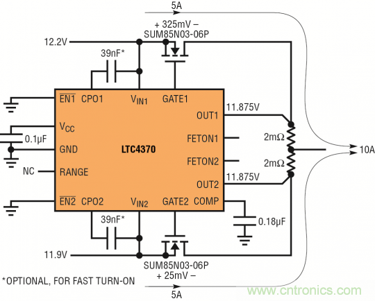 針對三個或四個電源的簡易平衡負載均分，即使電源電壓不等也絲毫不受影響
