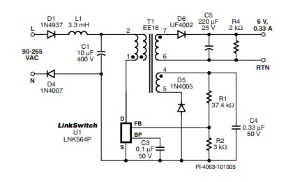 LinkSwitch-LP 系列旨在取代手機(jī)/無繩電話、PDA、數(shù)碼相機(jī)和便攜式音頻播放器等應(yīng)用中輸出功率 < 2.5 W 的低效線頻線性變壓器電源。LinkSwitch-LP 還可用作白色家電等應(yīng)用中的輔助電源。  LinkSwitch-LP 將高壓功率 MOSFET 開關(guān)與 ON/OFF 控制器集成在一個設(shè)備中。它完全由漏極引腳自供電，具有低 EMI 的抖動開關(guān)頻率，并且具有全面的故障保護(hù)。自動重啟可限制過載和輸出短路條件下的器件和電路耗散，而遲滯過溫保護(hù)會在熱故障期間禁用內(nèi)部 MOSFET。EcoSmart 技術(shù)使設(shè)計能夠輕松實現(xiàn) < 150 mW 的空載功耗，滿足能源效率要求。  LinkSwitch-LP 的設(shè)計目的是在輸出功率低于 2.5 W 時無需初級側(cè)鉗位電路，從而顯著減少組件數(shù)量和總系統(tǒng)成本。圖 1 顯示了基于 LinkSwitch-LP 的 2 W 電源，不帶初級側(cè)鉗位。LinkSwitch-LP 系列經(jīng)過優(yōu)化，當(dāng)變壓器上的輔助或偏置繞組提供反饋時，可提供近似的 CV/CC 輸出特性。這非常適合取代工頻變壓器的應(yīng)用，提供兼容的輸出特性，但過載、短路電流和輸入線電壓變化較小。  　  在無鉗位設(shè)計中使用 LinkSwitch-LP 的基本電路原理圖。  快速開始  　 LinkSwitch-LP 反激式設(shè)計流程圖