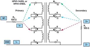   材料  ? ADALM2000主動學習模塊 ? 無焊試驗板和跳線套件 ? 一臺HPH1-1400L 6繞組變壓器 ? 一臺HPH1-0190L 6繞組變壓器 ? 兩個100 Ω電阻  說明  在無焊試驗板上構(gòu)建圖2所示的電路。需要使用此設置來測量初級/次級匝數(shù)比為1:1的三種不同配置下，兩個變壓器型號各自的頻率響應。兩個紅色箭頭表示在初級和次級使用同一個線圈的配置中連接源電阻和負載電阻的位置。藍色箭頭對應的是在初級和次級使用兩個串聯(lián)線圈的配置。綠色箭頭對應的是在初級和次級使用三個串聯(lián)線圈的配置。