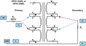  材料  ? ADALM2000主動學習模塊 ? 無焊試驗板和跳線套件 ? 一臺HPH1-1400L 6繞組變壓器 ? 一臺HPH1-0190L 6繞組變壓器 ? 兩個100 Ω電阻  說明  在無焊試驗板上構(gòu)建圖2所示的電路。需要使用此設置來測量初級/次級匝數(shù)比為1:1的三種不同配置下，兩個變壓器型號各自的頻率響應。兩個紅色箭頭表示在初級和次級使用同一個線圈的配置中連接源電阻和負載電阻的位置。藍色箭頭對應的是在初級和次級使用兩個串聯(lián)線圈的配置。綠色箭頭對應的是在初級和次級使用三個串聯(lián)線圈的配置。